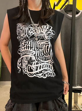 王有病工作室 260G重磅！美式复古奇卡诺艺术字高级感无袖T恤百搭