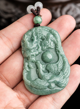 纯天然正品翡翠龙凤呈祥玉石吊坠