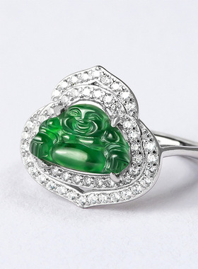 925纯银镶嵌天然翡翠佛公戒指女