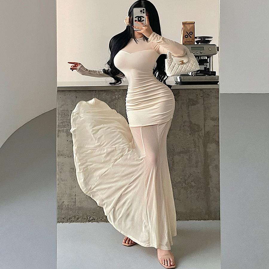 YoungGirlDay步步生莲纯欲风网纱拼接褶皱收腰包臀鱼尾连衣裙长裙 - 图3