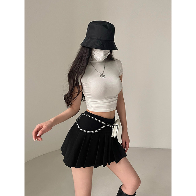ຄວາມປາຖະໜາອັນບໍລິສຸດ Sexy ຄໍສູງ ກ້ານສັ້ນ ເປີດເຜີຍເສື້ອທີເຊີດແຂນສັ້ນ