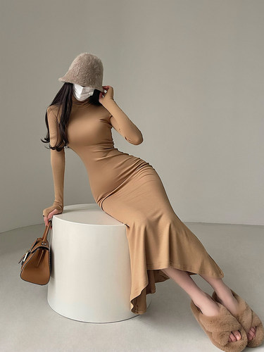 YoungGirlDay纯欲风性感高领紧身显瘦长袖打底包臀鱼尾连衣裙长裙 - 图2