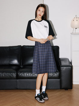 RPB BRAND Plaid High Waist Slim Mid-Length Pleated Skirt Slim College Style High Waist A-Line Skirt Umbrella Skirt