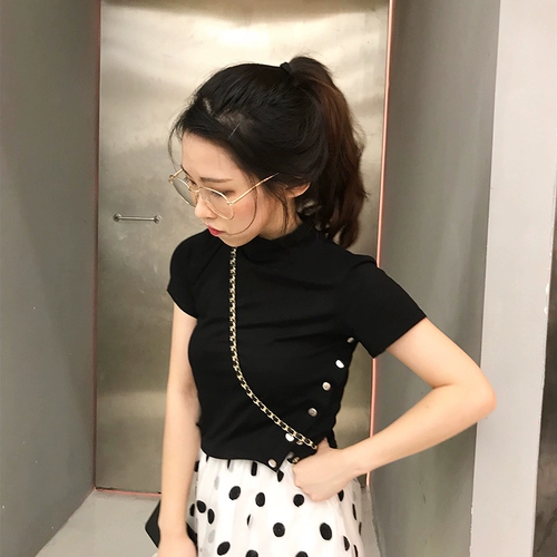 Летняя приталенная черная короткая футболка с коротким рукавом, высокий воротник, короткий рукав, в корейском стиле