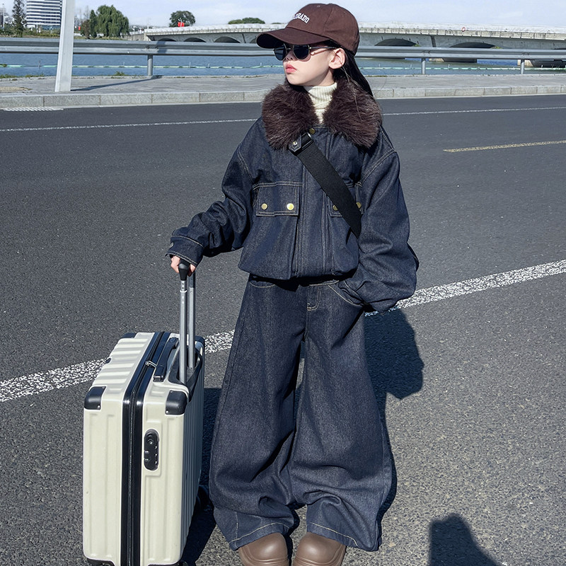 韩版女童小香风夹棉短外套套装洋气2025新款冬季儿童牛仔裤两件套,淘宝优惠券,粉丝福利购,淘宝优惠卷