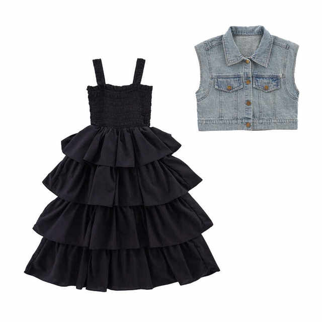 Denim vest suspender cake skirt ຊຸດສອງສິ້ນ