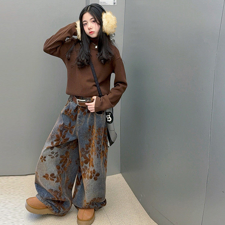 女童冬季加绒加厚牛仔裤2025新款女大童儿童冬装打底衫毛衣套装,淘宝优惠券,粉丝福利购,淘宝优惠卷