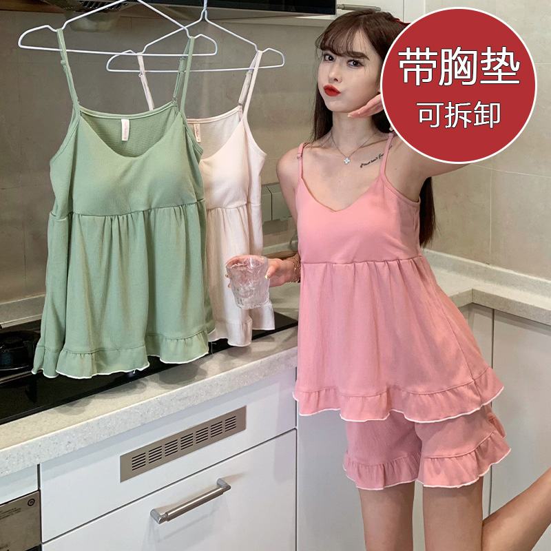 2024年夏季短款带胸垫睡衣女生新款甜美吊带夏天季家居服两件套装-图1