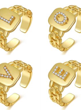 欧美嘻哈饰品戒指字母系列镀金锆石表带设计开口玫瑰金活口设计