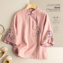 Retro cotton linen disc buckle blouses embroidered linen ethnic wind womens in summer Chinese improved upright collar Chinese sleeves Handwear shirts