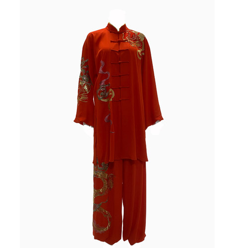 马蕾太极春夏款男女式黑红色太极服定制练功服贴纱绣龙表演服长款 - 图3