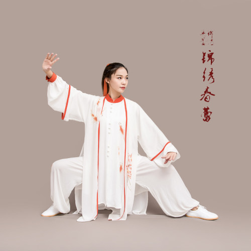 马蕾太极服春夏季彩绘太极服武术表演气功服彩绘鱼行淡泊长款定制 - 图0