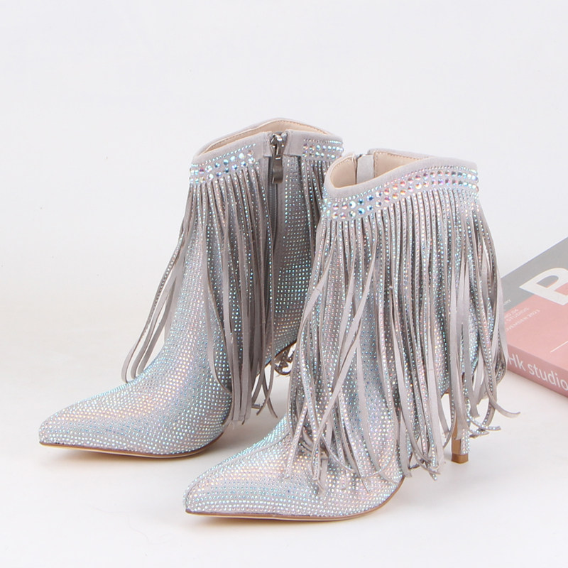 出口欧美女靴~满钻尖头侧拉链细跟流苏短靴性感魅力高端时装靴潮,淘宝优惠券,粉丝福利购,淘宝优惠卷