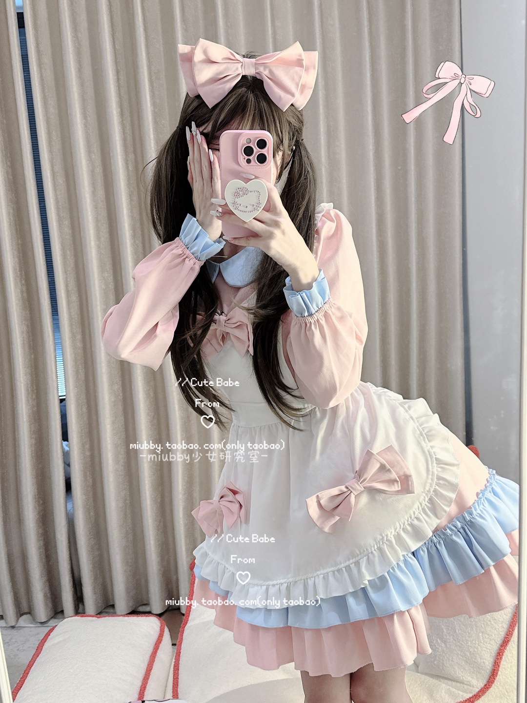 Miubby「恋恋慕斯」日系软妹蝴蝶结粉色女仆装lolita长袖cos服 - 图1