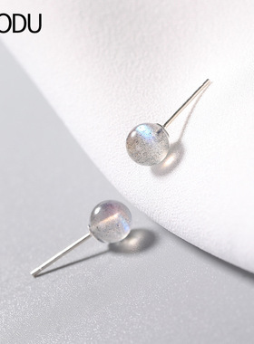 s925银耳钉女韩版简约月光石耳钉气质渐变拉长石水晶耳饰