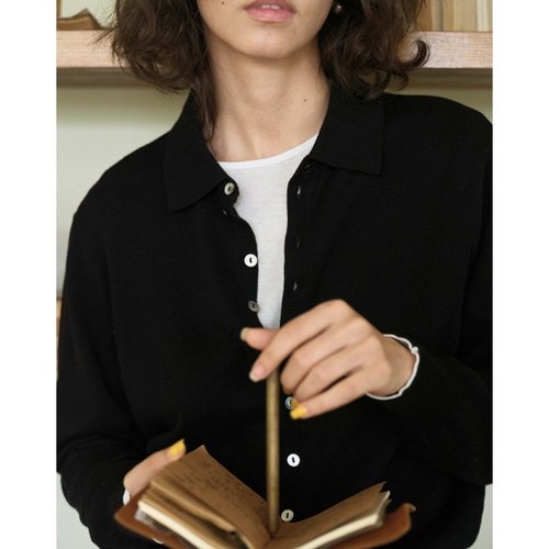 法式短款polo领黑色针织开衫女秋冬季宽松显瘦翻领衬衣领毛衣外套 - 图1