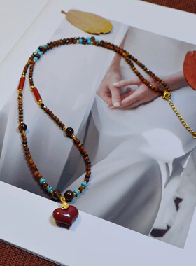 新中式国风虎眼石项链朱砂爱心吊坠女小众设计感中长款毛衣链高级