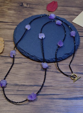 天然紫水晶黑尖晶项链长款女碎石紫色串珠双层锁骨链小众轻奢百搭