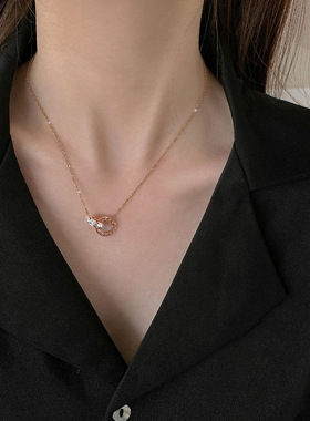 不掉色玫瑰金色项链女潮罗马数字双环吊坠颈链小众设计感锁骨链