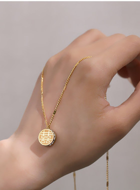 18K金色喜字福牌满钻项链锁骨链颈链毛衣链国潮福字首饰女配饰