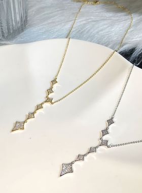 2025新款纯银韩版流苏项链 满钻六颗四角星吊坠锁骨链