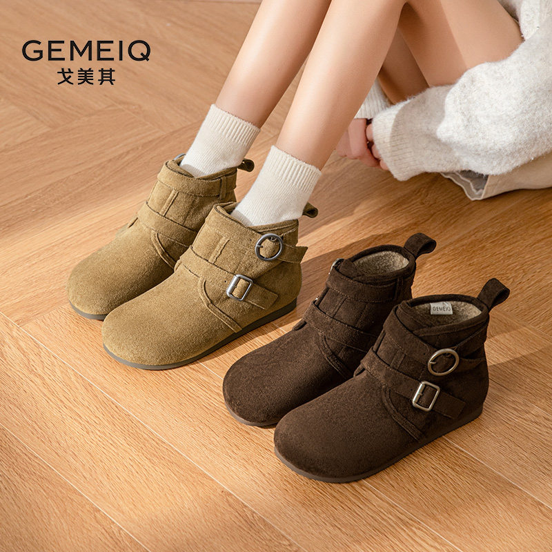 戈美其复古英伦风棉鞋女2024新款冬季皮带扣女靴子皮毛一体雪地靴,淘宝优惠券,粉丝福利购,淘宝优惠卷