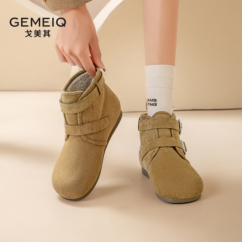 戈美其复古英伦风棉鞋女2024新款冬季皮带扣女靴子皮毛一体雪地靴,淘宝优惠券,粉丝福利购,淘宝优惠卷