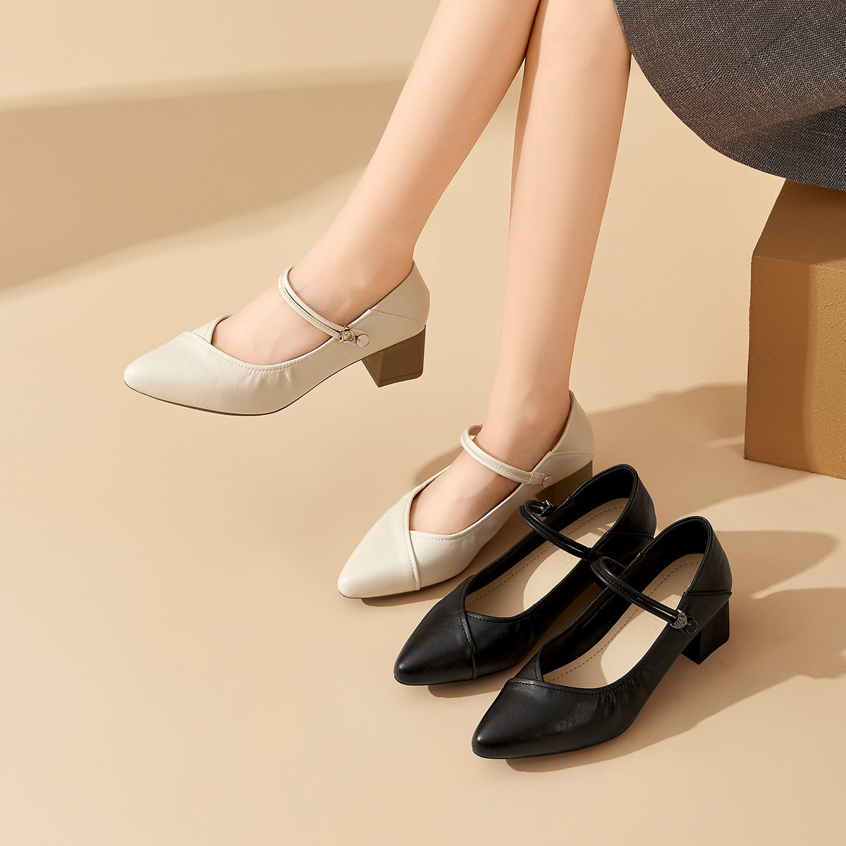 戈美其商场同款玛丽珍鞋女2025新款秋粗跟黑色小皮鞋单鞋女配裙子,淘宝优惠券,粉丝福利购,淘宝优惠卷