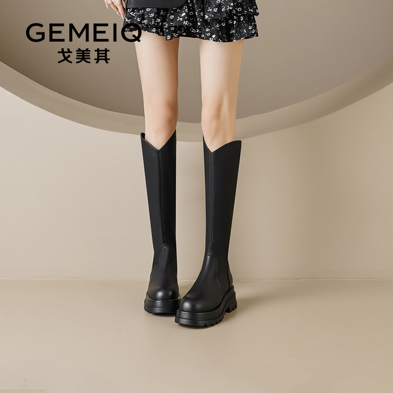 戈美其厚底长筒靴女舒适年春秋新款增高复古高筒V口不过膝骑士靴,淘宝优惠券,粉丝福利购,淘宝优惠卷