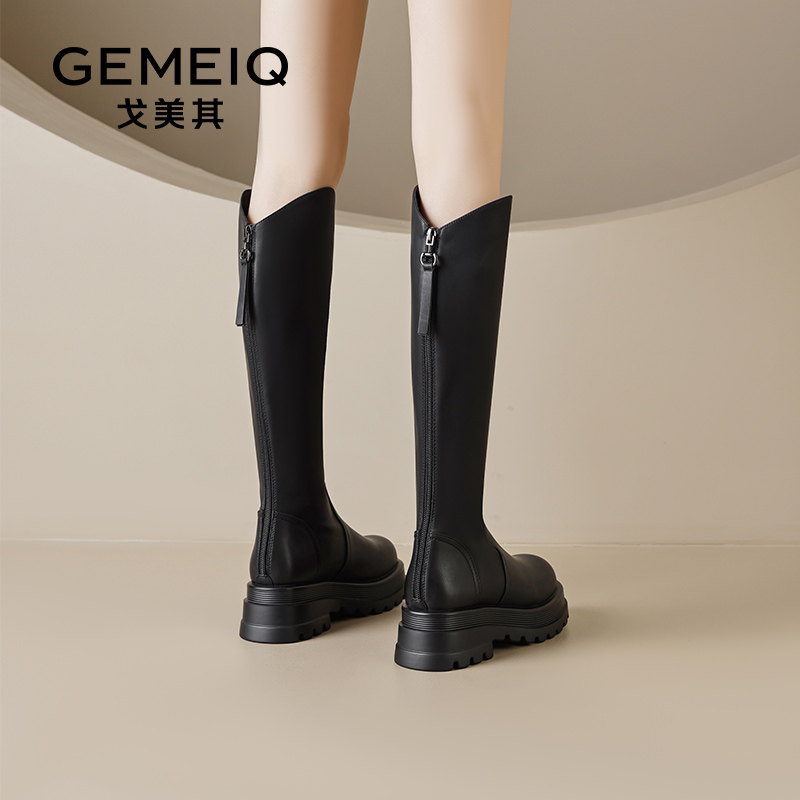戈美其厚底长筒靴女舒适年春秋新款增高复古高筒V口不过膝骑士靴,淘宝优惠券,粉丝福利购,淘宝优惠卷