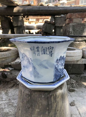 景德镇高温手绘山水八边形八角