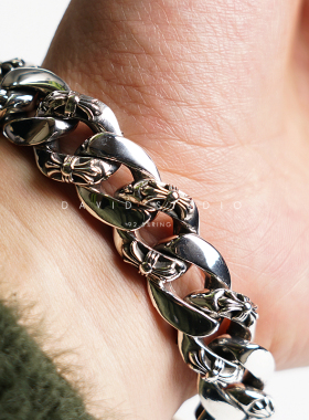 david纯银S925纯银潮男个性霸气十字架手链宽面粗矿情侣手链