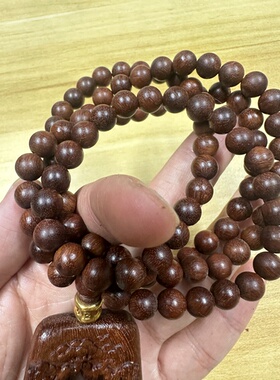 富森红土沉香木雕刻双面镂空山水牌毛衣链悟道念珠文玩纯天然项链