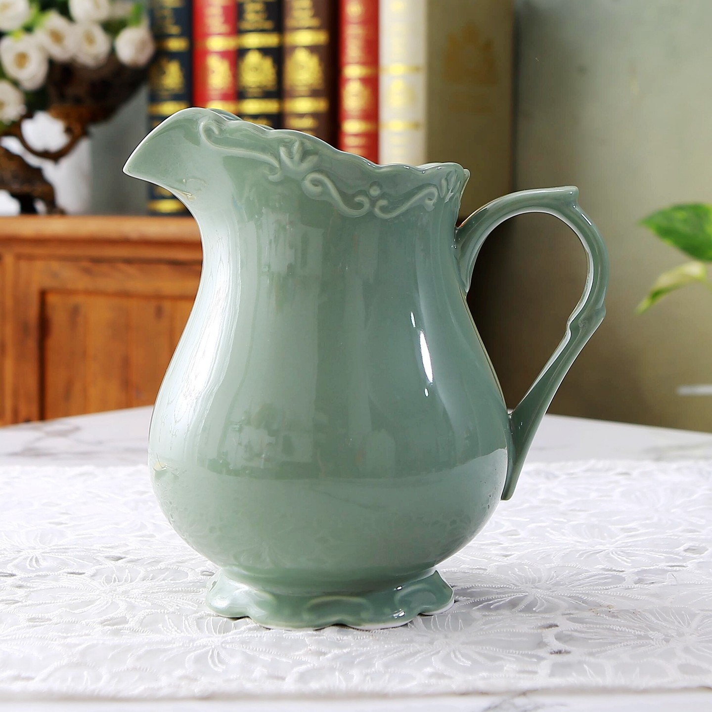 复古陶瓷奶罐绿色雕花大容量家居装饰水壶欧式风格水培花瓶 瑕疵,淘宝优惠券,粉丝福利购,淘宝优惠卷