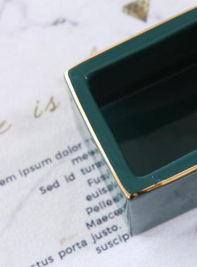 欧式风格工艺描金色釉陶瓷墨绿陶瓷装饰纸巾盒收纳长方形盒 瑕疵