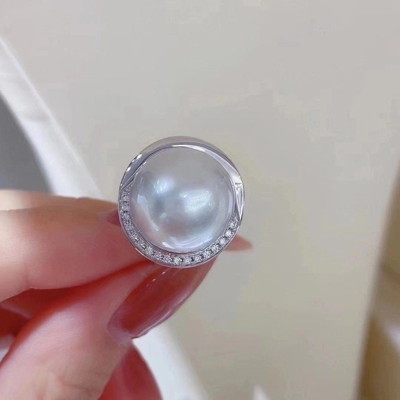 淡水真珍珠戒指指环11-12MM正圆白色正品强光S925银活口戒圈女 - 图2