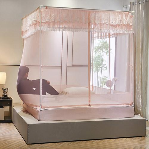 A类加密回底床笠式防摔蚊帐家用防尘顶T型三开门拉链坐床加厚支架 - 图3