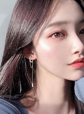 s925纯银耳圈耳环女耳扣个性链条耳钉2026年新款潮不对称耳饰