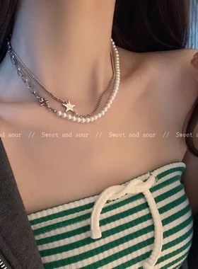 甜酸双层珍珠项链甜酷辣妹风锁骨链女简约小众设计感冷淡风毛衣链