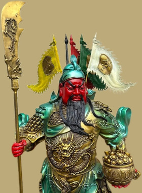 铜关公摆件彩绘武财神爷九龙托宝立刀关公关二爷铜像乔迁开业o