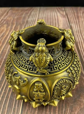 黄铜聚宝盆存钱罐香炉摆件四方金蟾貔貅财罐龙头聚宝袋客厅装饰o