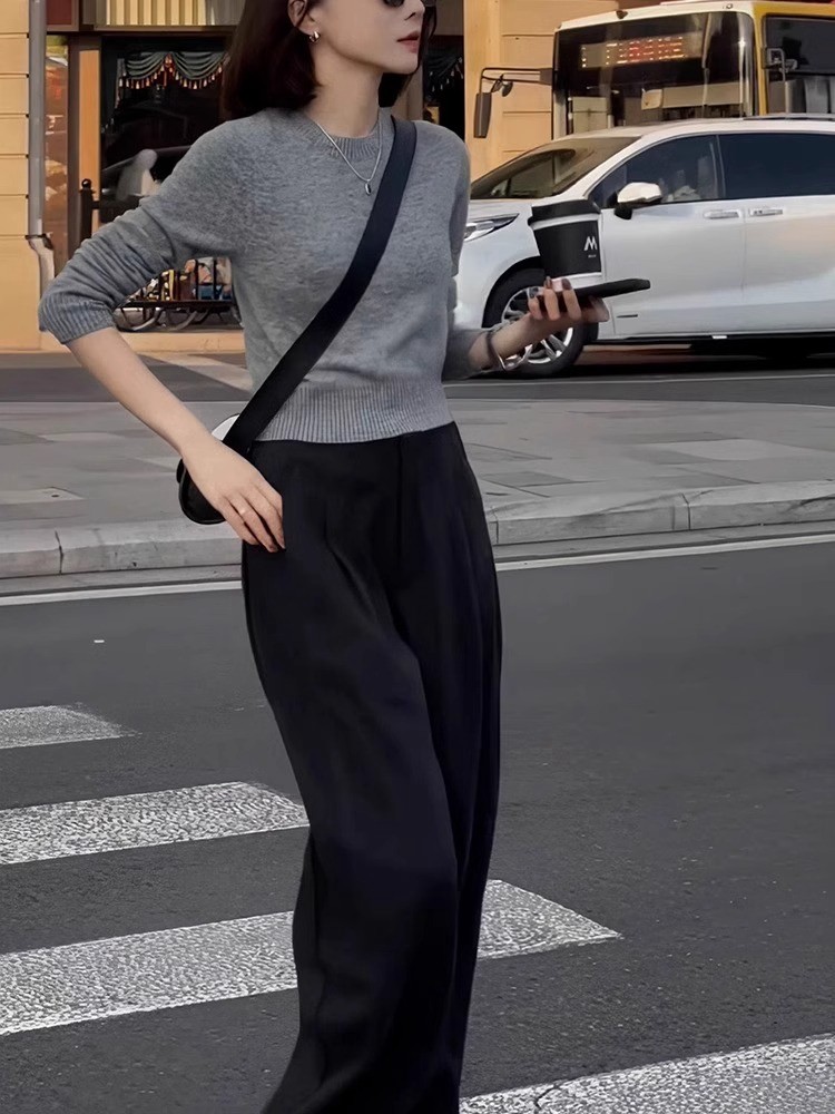 黑色阔腿裤子女2025夏季新款高腰直筒裤小个子穿搭洋气欧货西装裤,淘宝优惠券,粉丝福利购,淘宝优惠卷