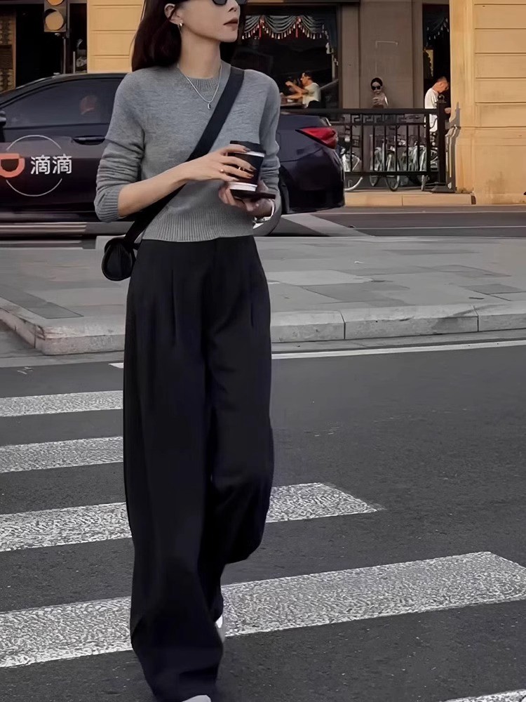 黑色阔腿裤子女2025夏季新款高腰直筒裤小个子穿搭洋气欧货西装裤,淘宝优惠券,粉丝福利购,淘宝优惠卷