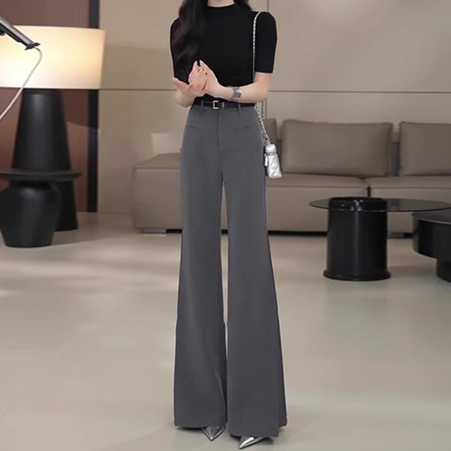 高级感灰色微喇西装裤女夏季薄款2025新款高腰垂感显瘦拖地喇叭裤 - 图3