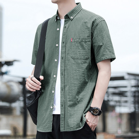 2025夏季新款男士薄款条纹短袖衬衫宽松休闲男装棉衬衣潮流寸上衣