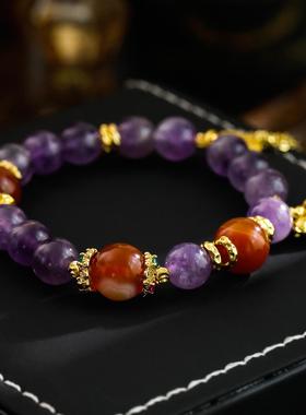 广州大佛寺法物流通浆果红玛瑙紫水晶手链古风国潮福牌小马手串