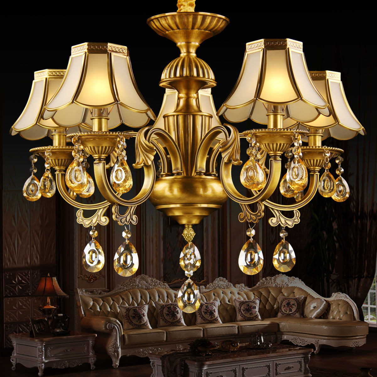 欧式全铜水晶吊灯客厅餐厅卧室别墅法式吊灯铜质美式铜质制铜艺灯_虎窝淘