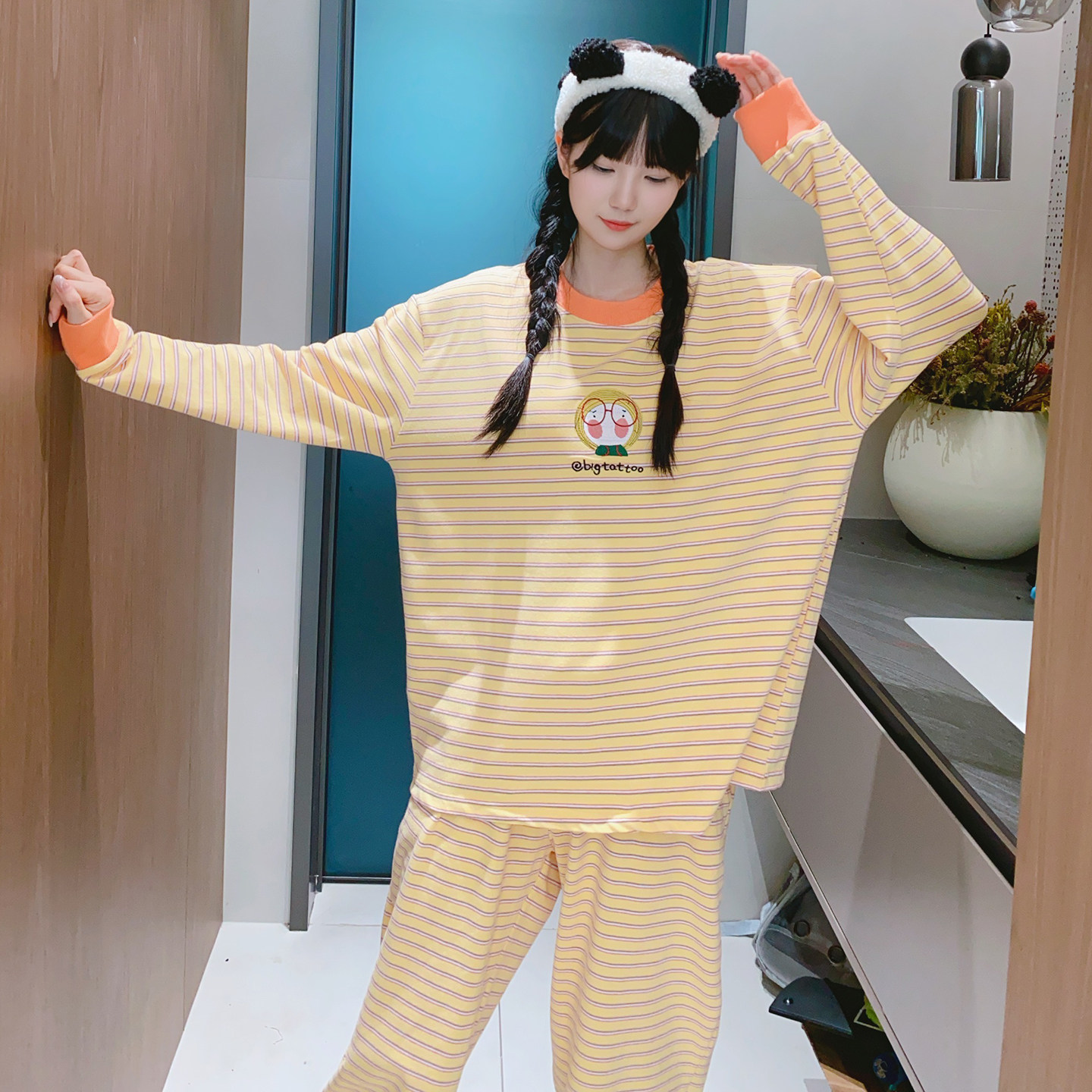 加薄绒~长袖睡衣女秋冬加厚磨毛纯棉宽松休闲卡通条纹保暖家居服,淘宝优惠券,粉丝福利购,淘宝优惠卷