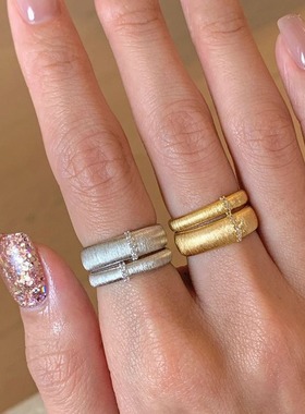 925纯银奢拉丝闪钻戒指女vintage森系百搭指环小众个性设计食指戒