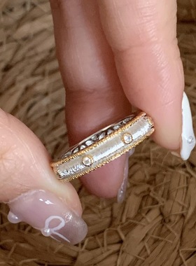 925纯银古轻奢分金拉丝镶嵌排钻戒指宫廷风高级气质设计精 致食指